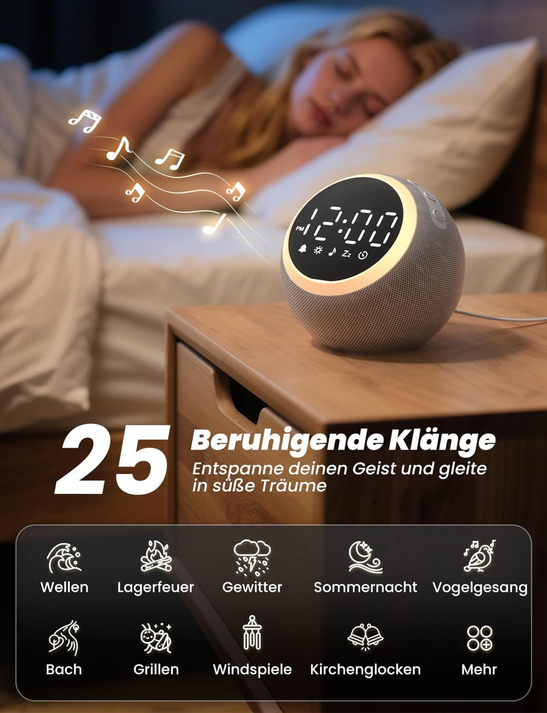 LIORQUE White Noise Machine mit Wecker, 25 beruhigende Schlafgeräusche, einstellbarer Bildschirm, Na