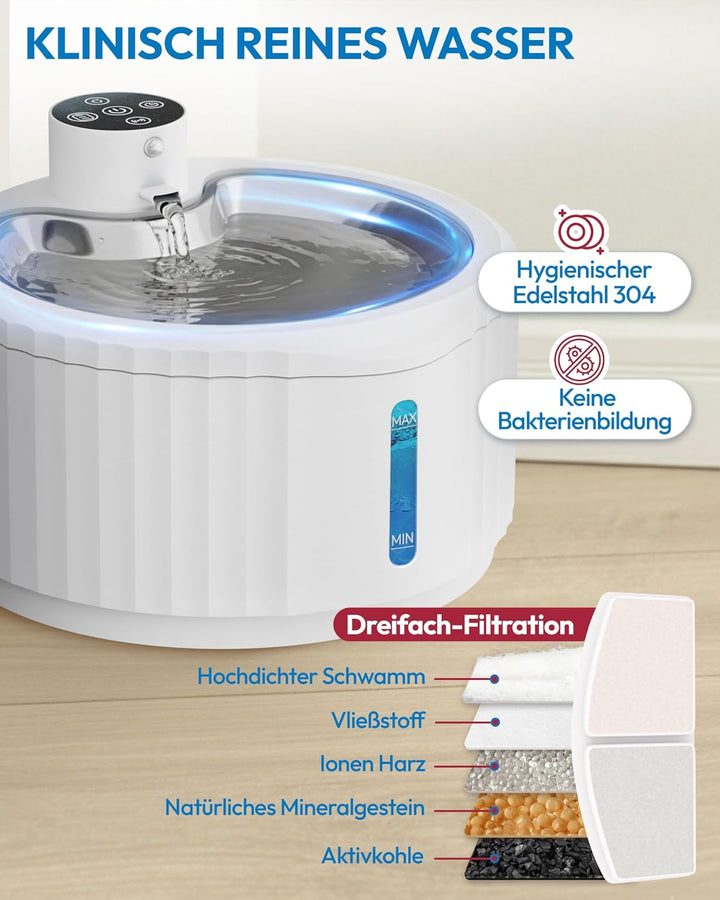 Miaura® Katzenbrunnen kabellos und super leise - Trinkbrunnen für Katze 2.8L Kapazität - Katzen Trin
