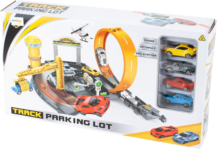 MalPlay Trackset Parkhaus für Kinder mit 4 Spielzeugautos | Rennbahn mit Looping Tracks | ab 3 Jahre
