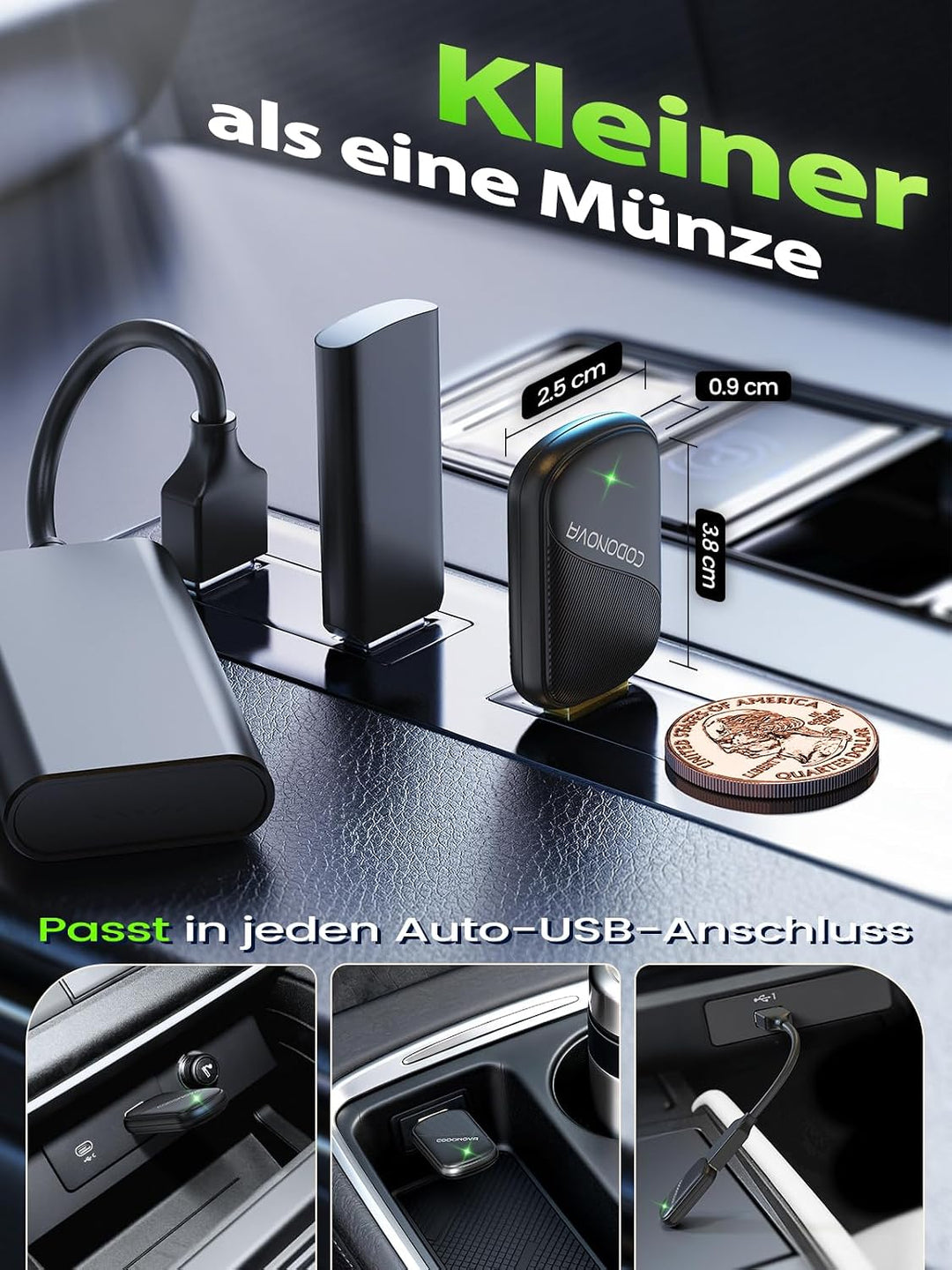 Mini Wireless CarPlay Adapter & Android Auto Adapter, USB-A/C Metall | Für Apple iPhone iOS 10+ & An