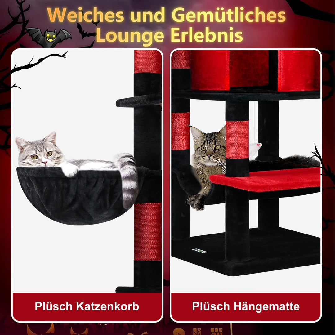 Globlazer Kratzbaum Gotisch Schwarz Rot, Eckkratzbaum Stabil hoch 167 cm mit 2 Sektor Katzenhaus, Ge