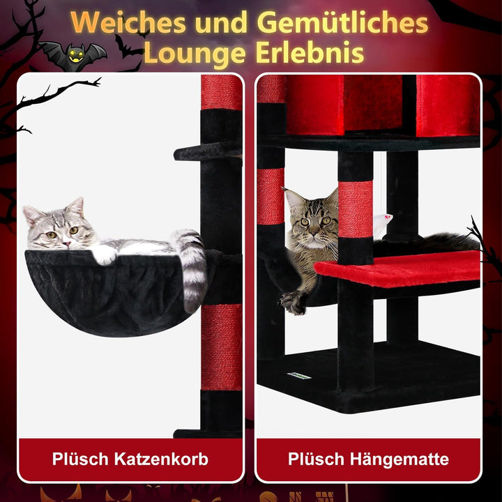 Globlazer Kratzbaum Gotisch Schwarz Rot, Eckkratzbaum Stabil hoch 167 cm mit 2 Sektor Katzenhaus, Ge