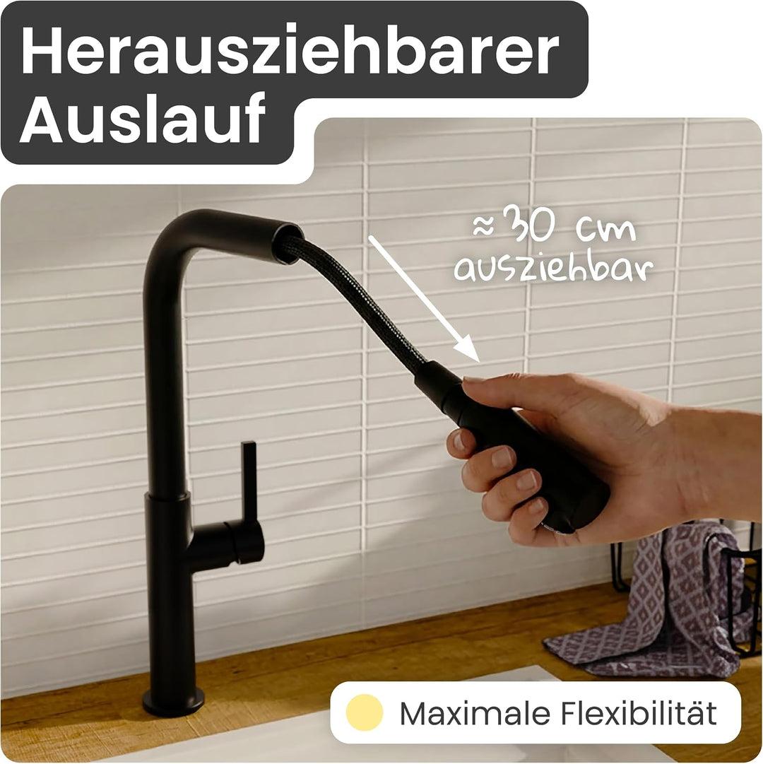 Niederdruck Küchenarmatur | Wasserhahn Küche | Mischbatterie | mit herausziehbarem Auslauf | 360° sc