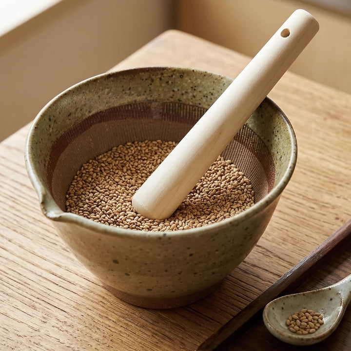 Asayu Japanische Keramik-Mörserschale in Grau mit Holzstössel 160 mm, Hergestellt in Japan, Spülmasc