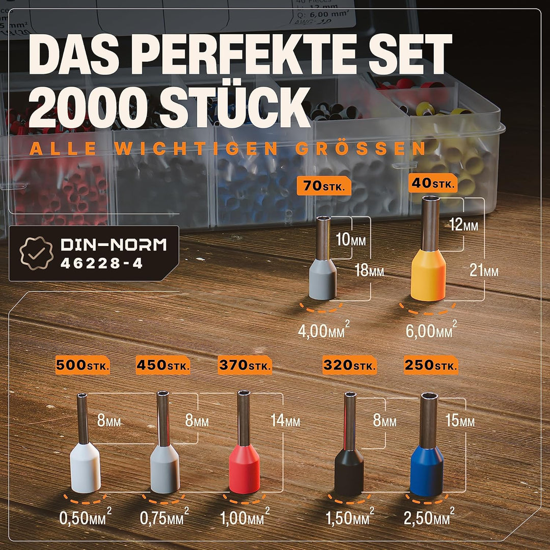 BAURIX® Crimpzangen Set – THESEUS Aderendhülsenzange 0,25–6 mm² mit 2000 Aderendhülsen & KAIRON Crim