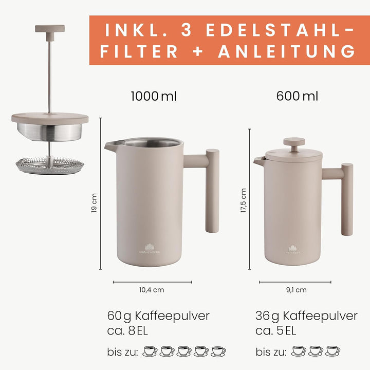 Groenenberg French Press Earth 600 ml o. 1 Liter I Hochwertige Kaffeepresse mit Thermo Warmhalte-Fun