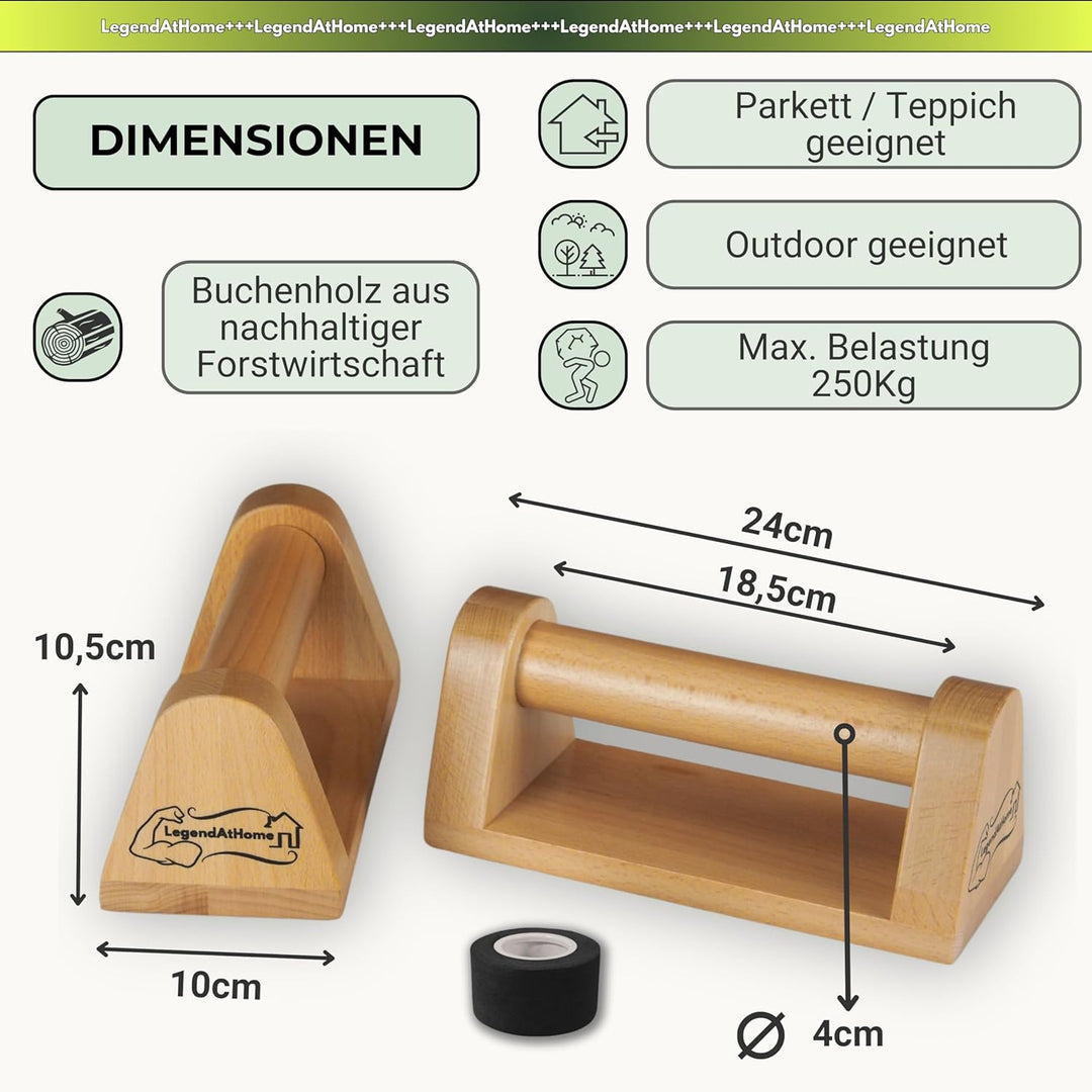 Liegestützgriffe [2er-Set] aus Buchenholz – stabile & gelenkschonende Parallettes für Push Ups, Cali
