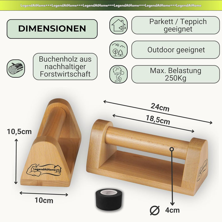 Liegestützgriffe [2er-Set] aus Buchenholz – stabile & gelenkschonende Parallettes für Push Ups, Cali