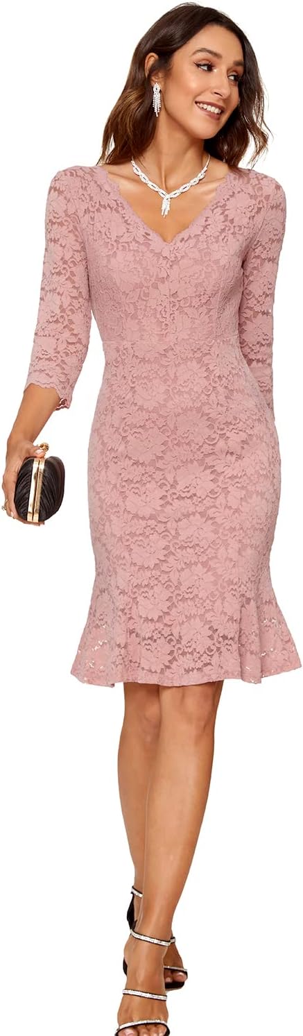 Atnlewhi Damen 3/4 Ärmel Kleid V-Ausschnitt Formeller Abend Bodycon Knielang Vintage Spitzenkleid El