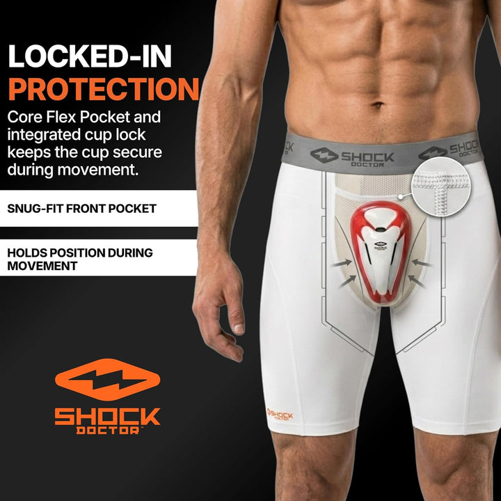 ShockDoctor Herren Tiefschutz Kompressions-Short mit Bioflex Cup XL Weiss, XL Weiss
