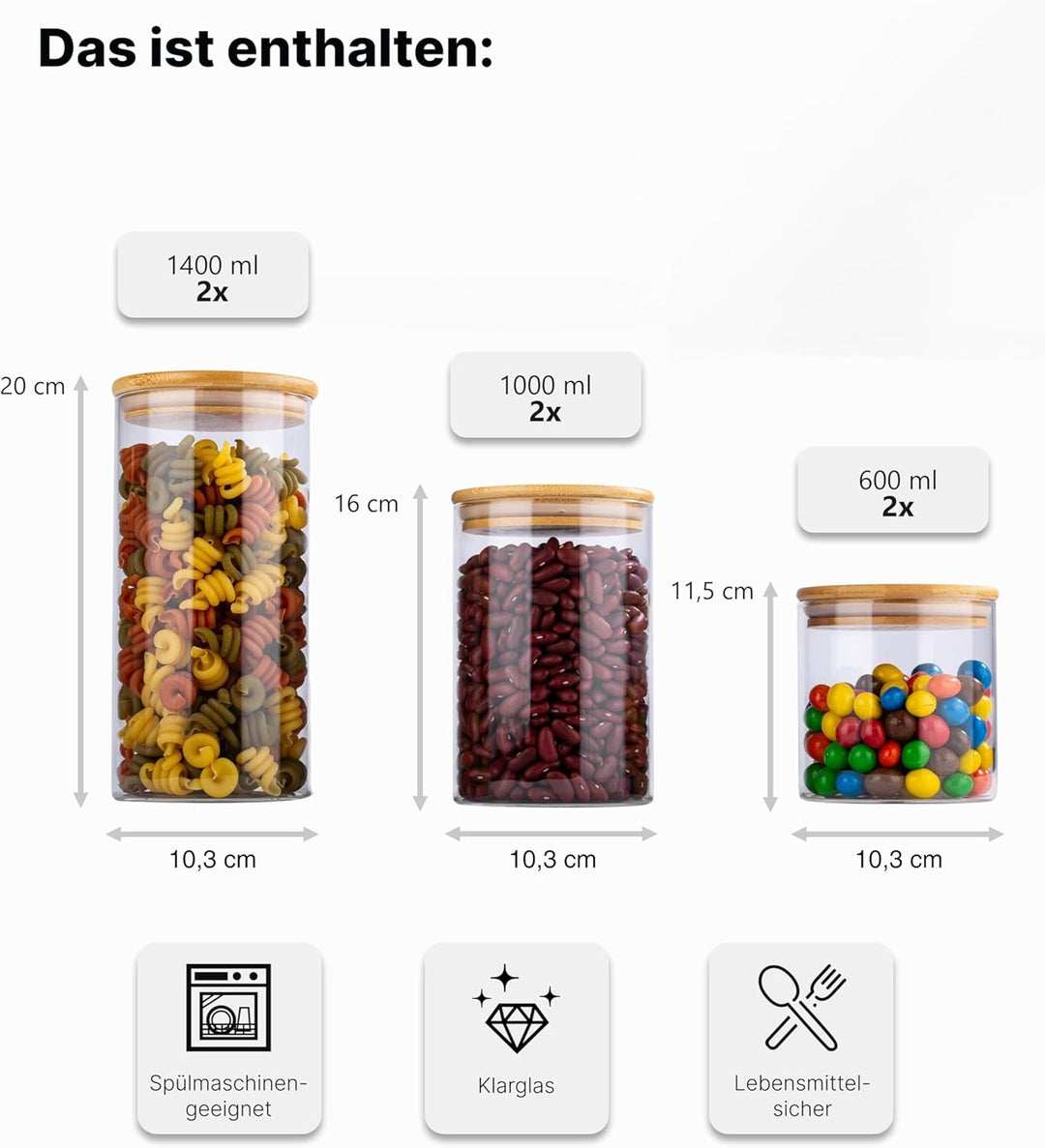 Deco haus® Vorratsgläser mit Deckel luftdicht + Etiketten [6er KOMBI SET] - Für Müsli, Cornflakes, M