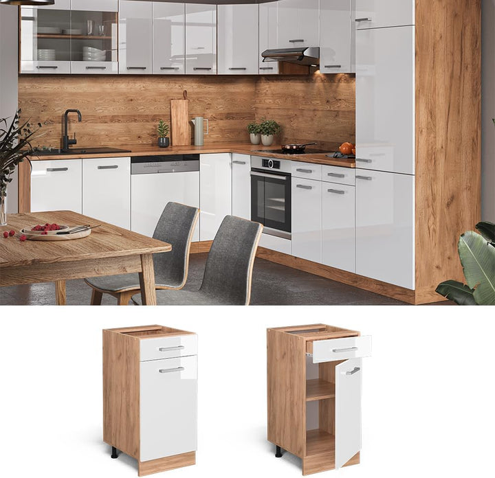 Vicco Küchenunterschrank R-Line, Weiss Hochglanz/Goldkraft Eiche, 40 cm ohne Arbeitsplatte Weiss Hoc
