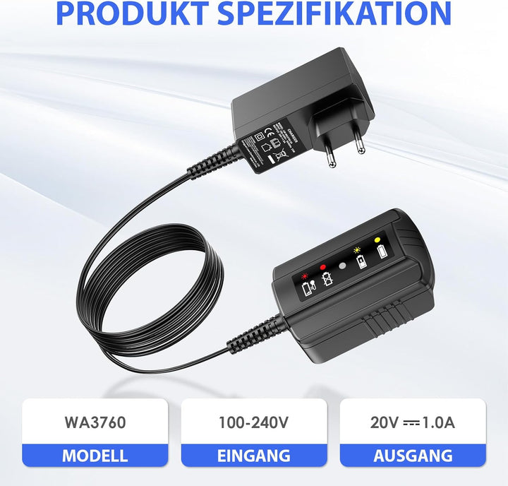 ASUNCELL WA3760 Ladegerät für Worx Akkus 18V (20V MAX), Akku Ladestation Schnell-Ladegerät für Worx