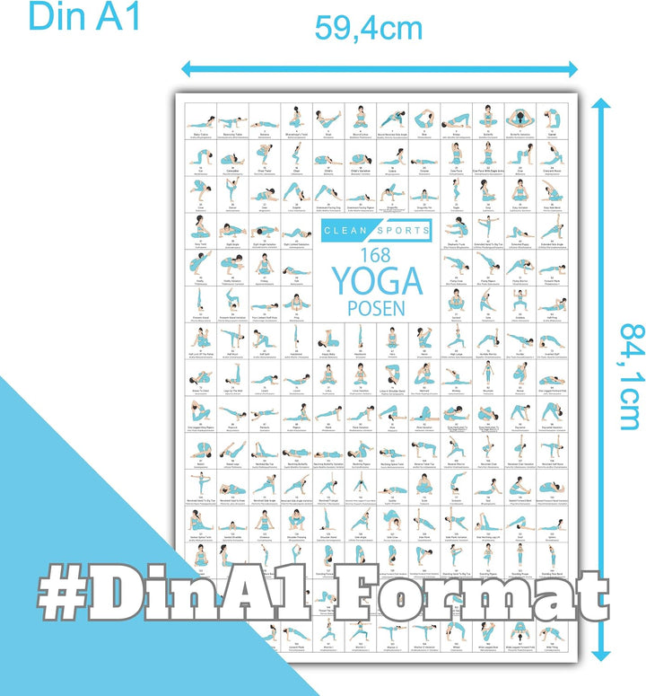 CLEAN SPORTS Yoga Poster DIN A1 mit 168 Asanas und Hatha Posen • Praktisches Asanas Plakat für Übung