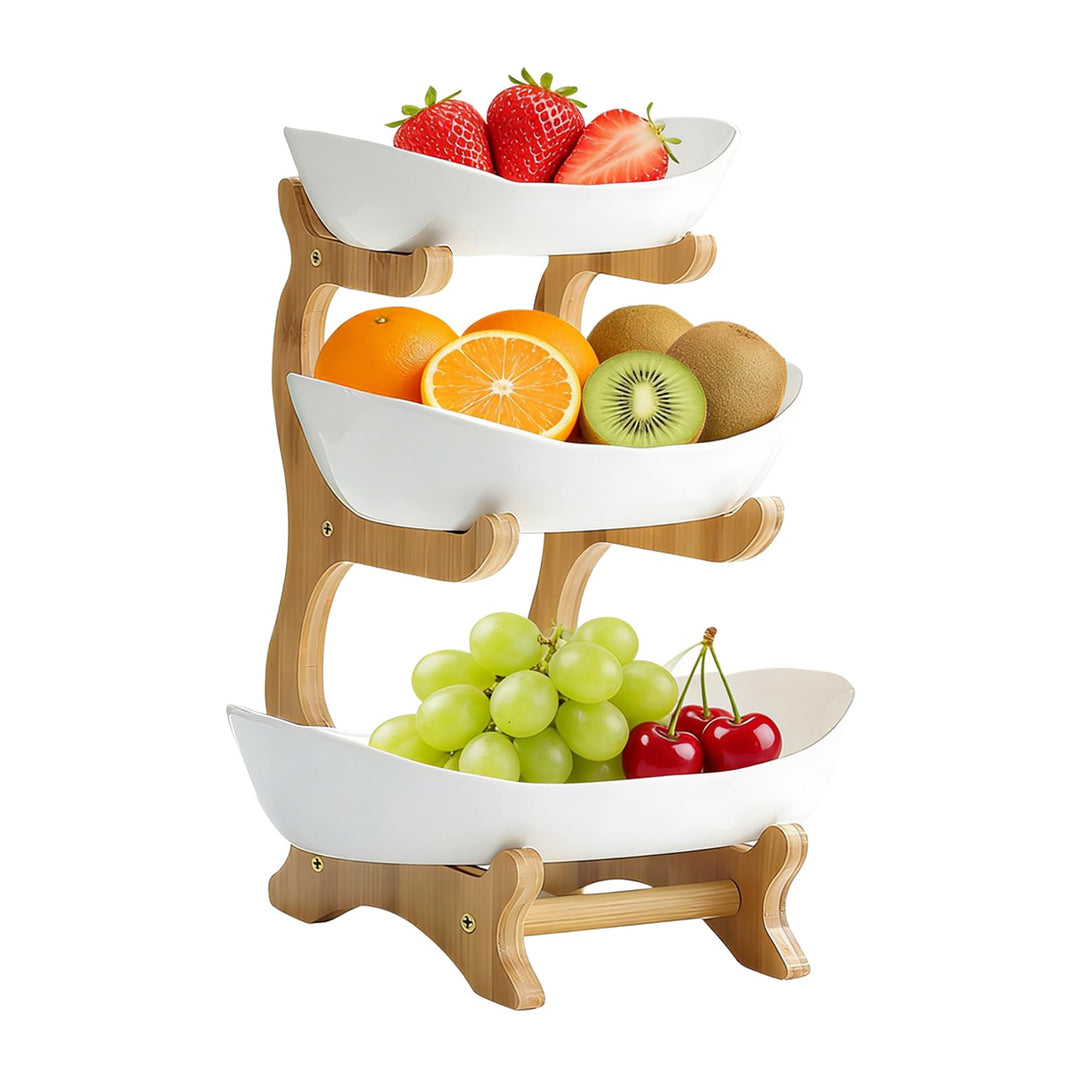 Keramik Obst Etagere mit 3 Etagen, Obstschale Modern Weiss mit Natürliche Bambus Steher, Platzsparen