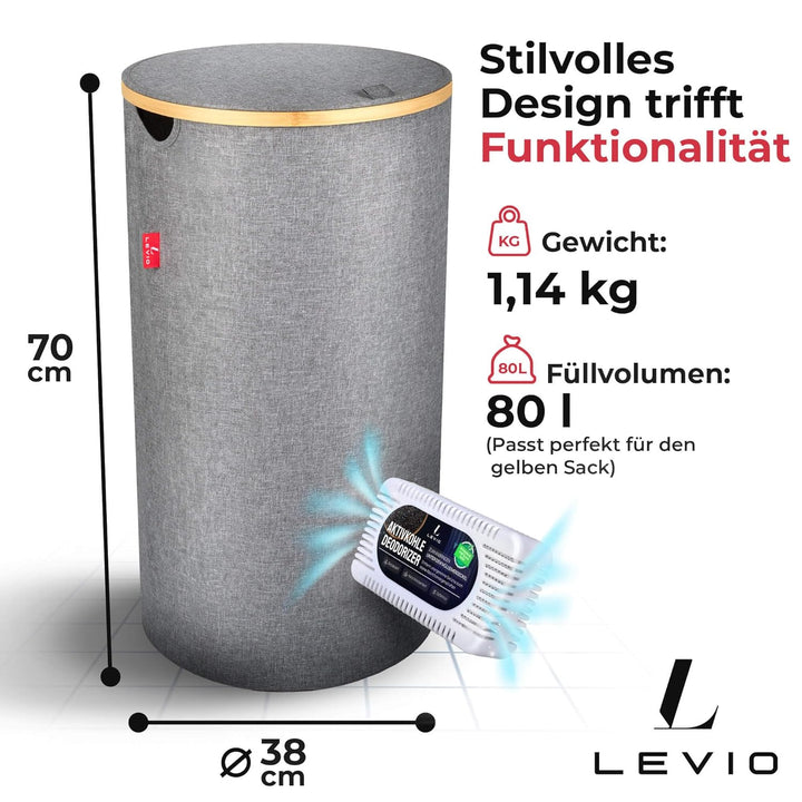 Levio® Gelber Sack Ständer mit Deckel – Müllsackhalter & Müllsackständer [80L mit Geruchsfilter] – M
