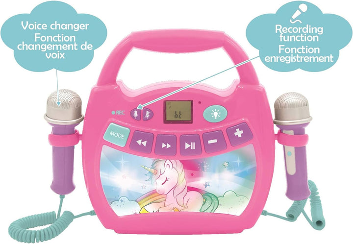 Lexibook MP320UNIZ Einhorn-Tragbarer digitaler Karaoke-Player für Kinder-Mikrofone, Lichteffekte, Bl