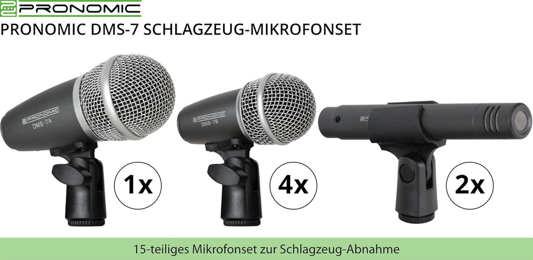 Pronomic DMS-7 Drum Schlagzeugmikrofonset - Drum Mikrofon Set mit 7 Mikrofonen für Bühne und Tonstud