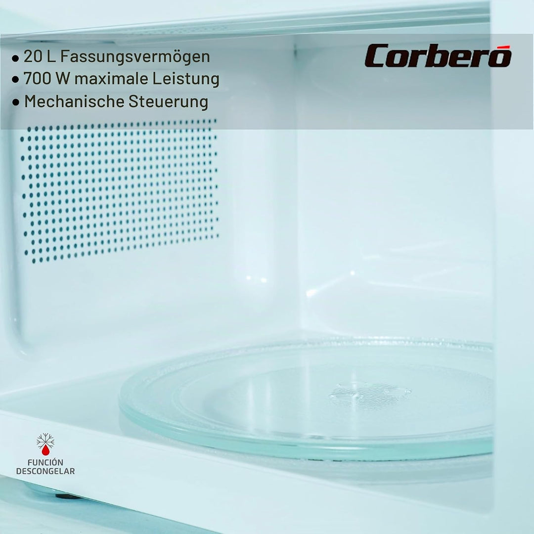Corberó CMICG270WOODW Mikrowelle, 20 Liter, Weiss, Leistung 700 W, Auftauen, 5 Leistungsstufen, mech