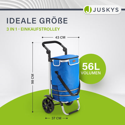 Juskys Einkaufstrolley 3in1 mit 2 Rollen für Shopping - 56 L Tasche abnehmbar - Trolley klappbar & m