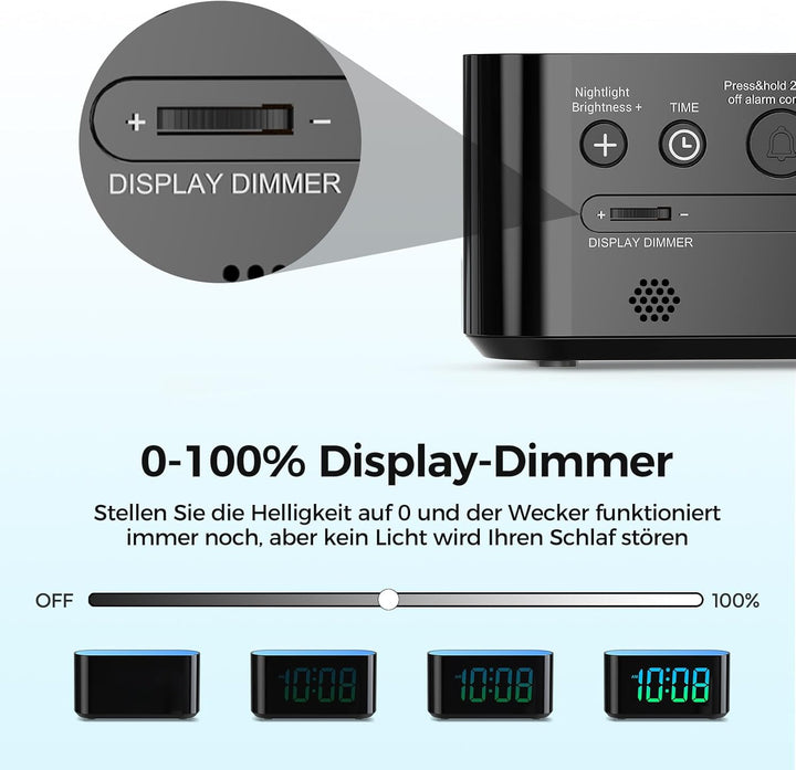 DOUMOSH Wecker Kinder mit Nachtlicht, RGB Nachtlicht, 0-100% Helligkeitsdimmer, Farbenfroh Display,