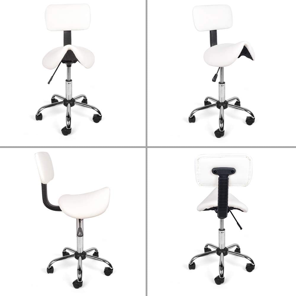 Mingone Sattelhocker mit Rückenlehne Weiss Bürohocker mit Rollen Ergonomisch Drehhocker Arbeitsstuhl