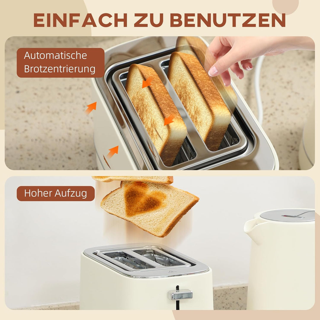 HOMCOM Wasserkocher Toaster Set 2200 W 1,7L Wasserkocher, 2 Scheiben Toaster, 6 Bräunungsstufen, Auf