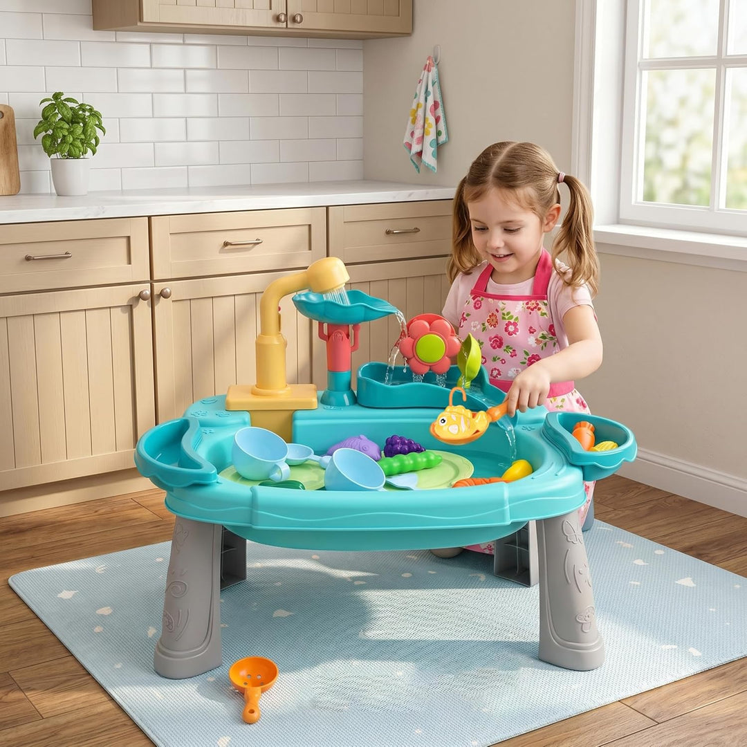 Spielwaschbecken mit fliessendem Wasser, 3-in-1-Spass-Baby-Wassertisch, Waschen und Angeln, Rollensp