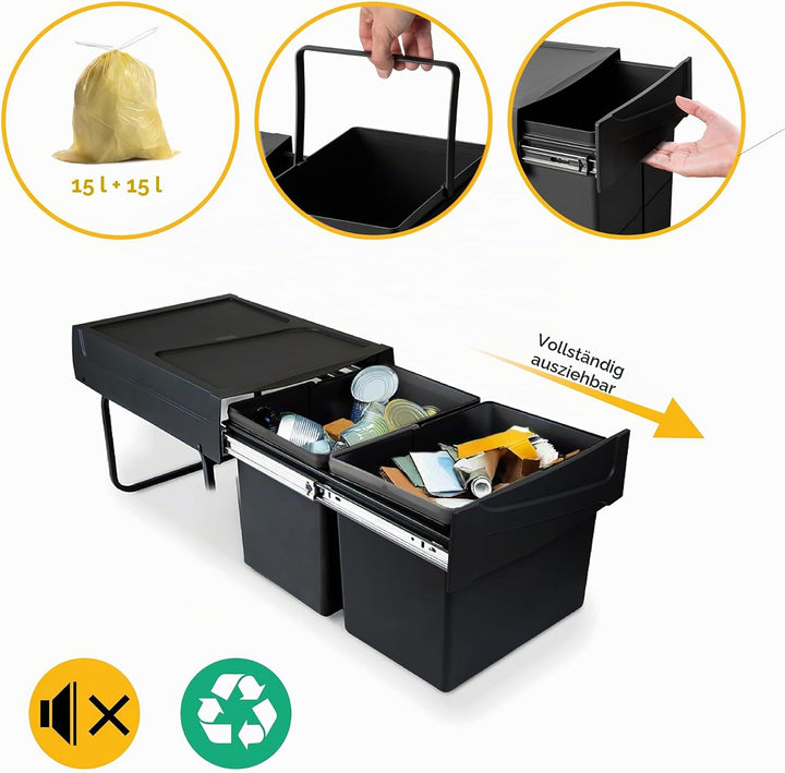 Emuca - Recyclingbehälter für Küche, 2 x 15 L, Bodenbefestigung und Handauszug, Kunststoff, Schwartz