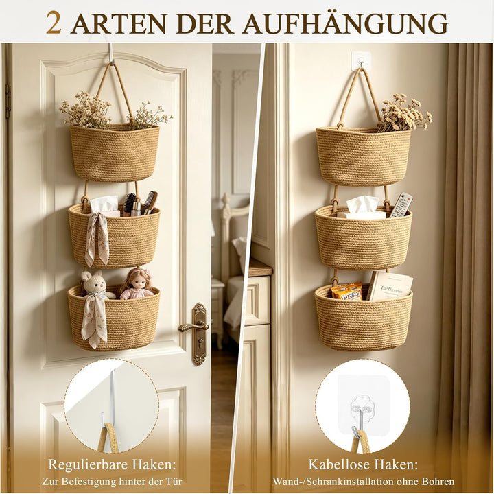 Tür Organizer hängend 4-stöckig, Khaki | Hängekorb aus Baumwollseil, Mit 4 Haken ohne Bohren, 2 vers