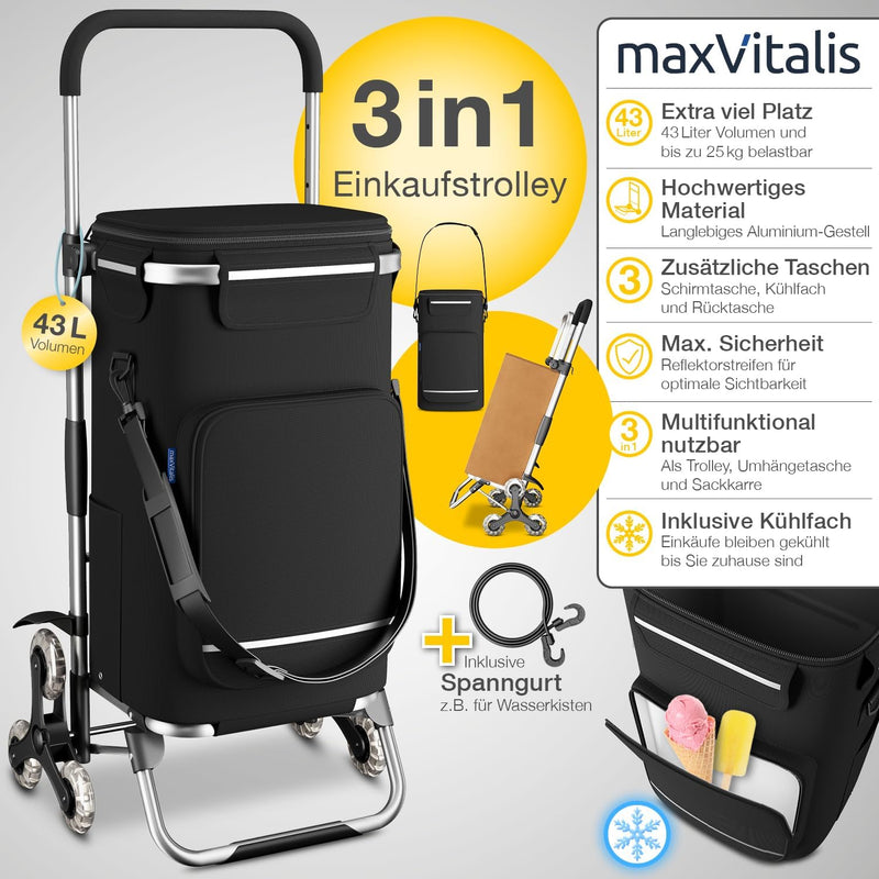 maxVitalis Einkaufstrolley Treppensteiger mit Kühlfach, Einkaufsroller klappbar, Shopping Trolley hö