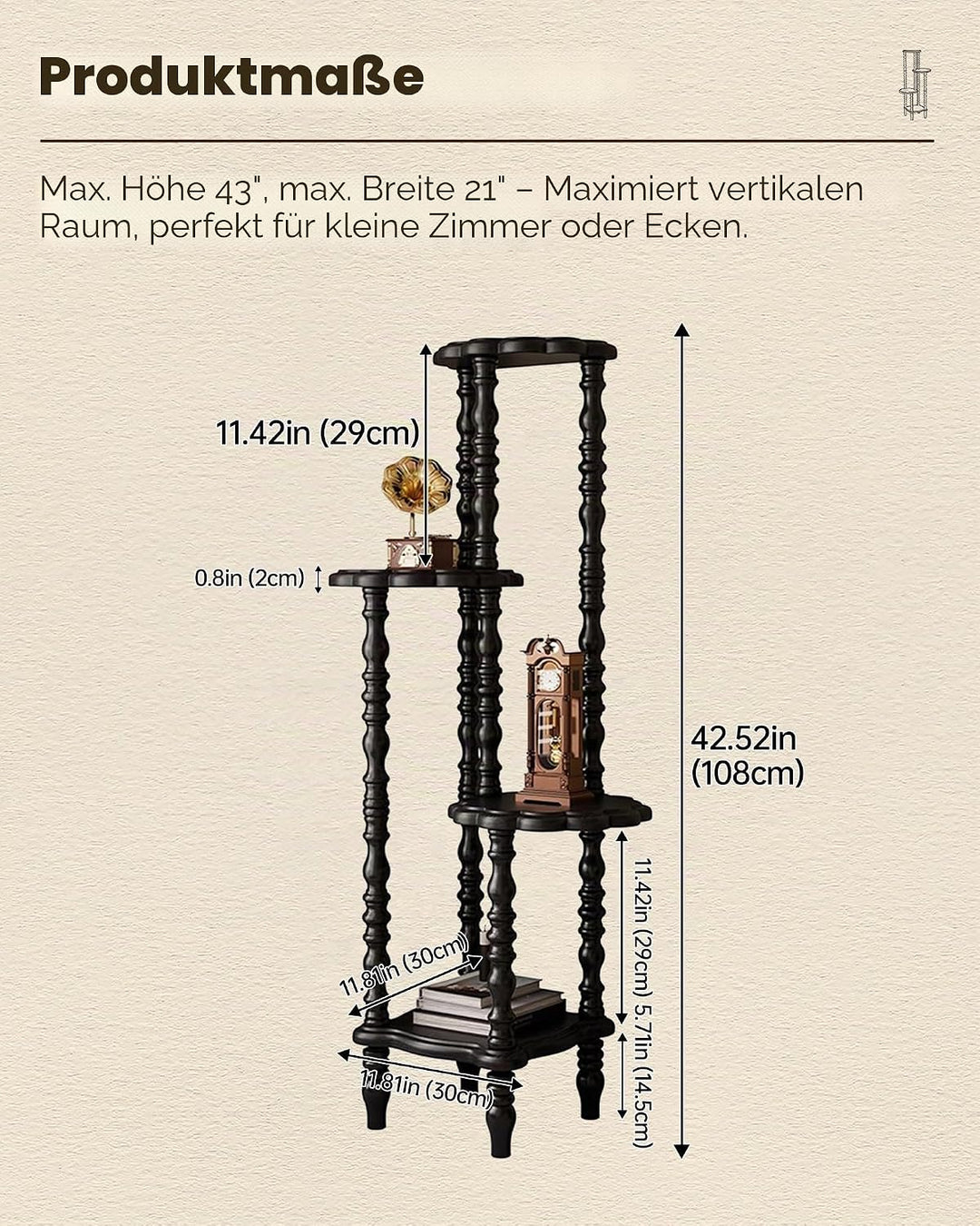 Vintage Eckregal mit 4 Ebenen, Massives Holz Standregal Lagerregal mit Eleganten Spindelbeinen, Büch