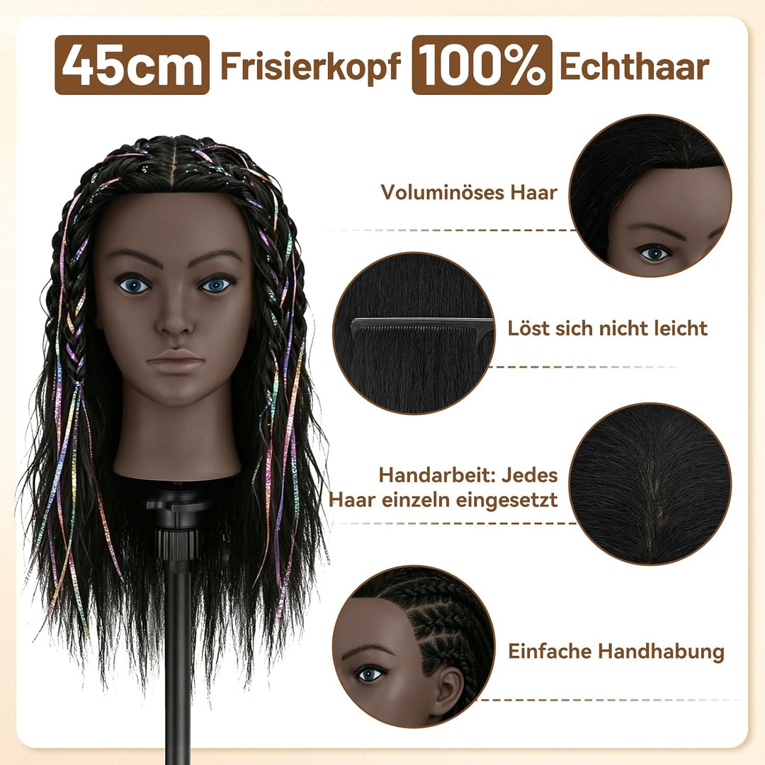 TwoWin 18 Zoll /45 cm Afro Trainingsköpfe für Friseure, Frisierkopf mit 100% Echthaar, Übungskopf Af