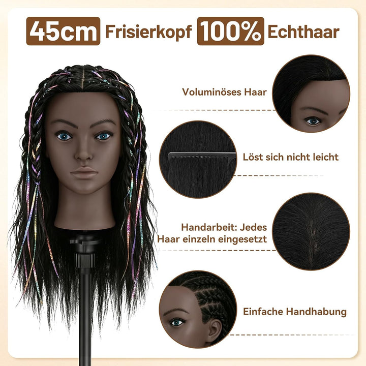 TwoWin 18 Zoll /45 cm Afro Trainingsköpfe für Friseure, Frisierkopf mit 100% Echthaar, Übungskopf Af