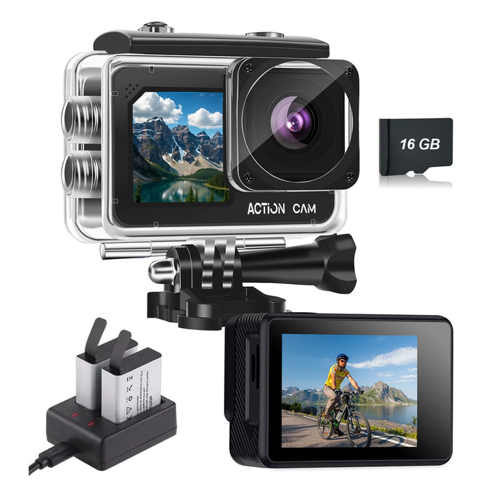 Action Cam FHD 1080P Dual-Screen Unterwasserkamera | wasserdicht bis 40M, Actionkamera mit 2×1050-mA