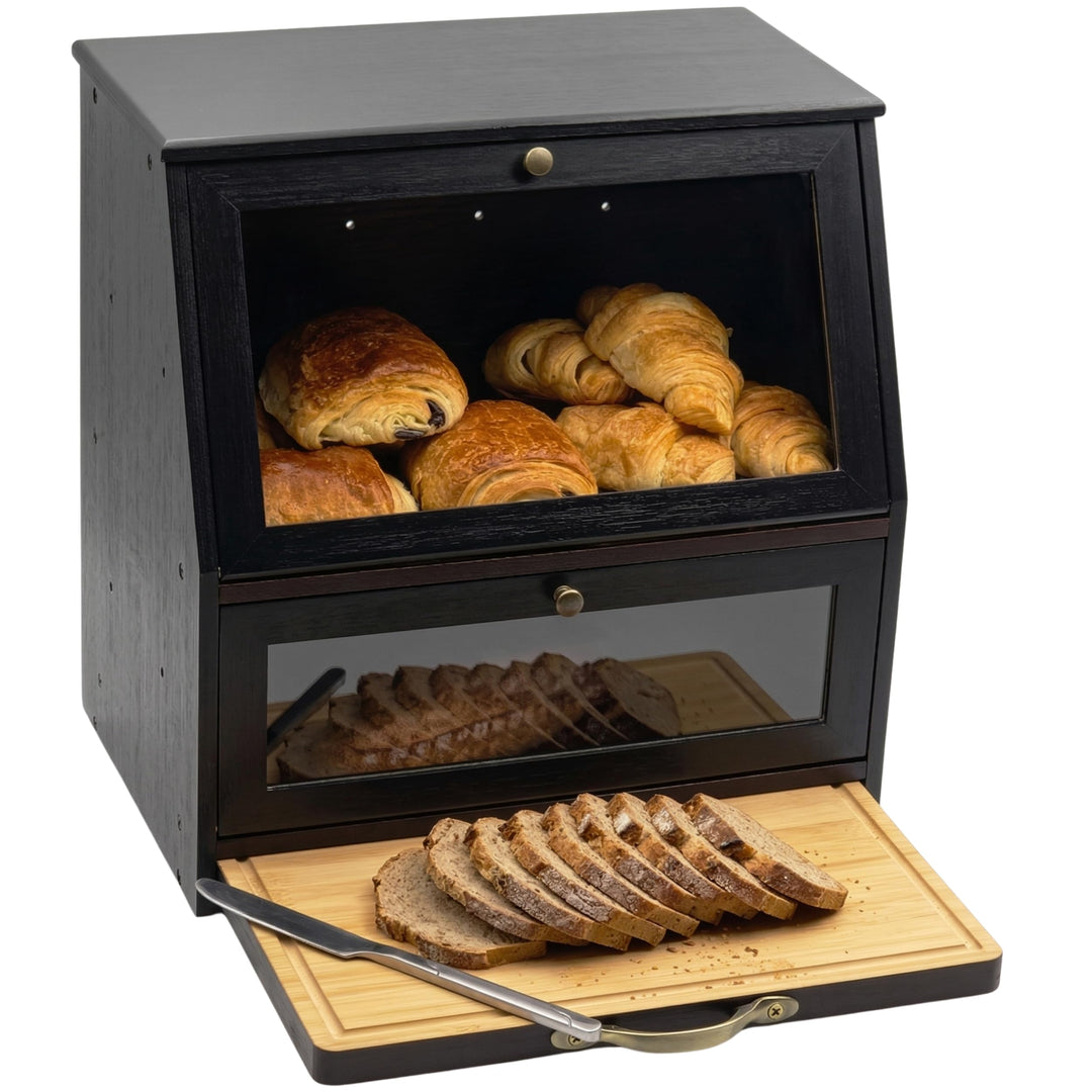 Brotkasten Holz im Vintage Landhaus-Stil – Grosse Brotaufbewahrungsbox mit 2 Etagen &amp; Integriertem S