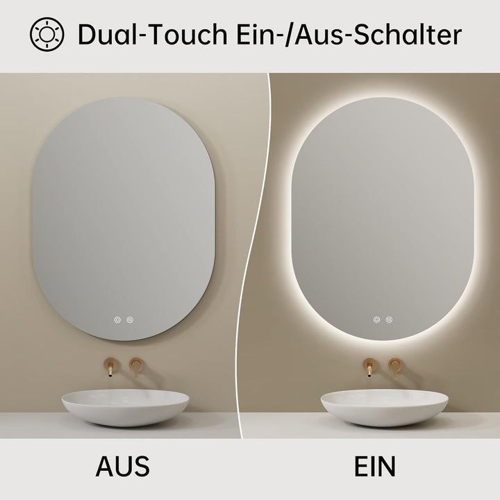 Spiegel mit Beleuchtung Oval LED Badspiegel 60 x 80 cm mit Touch-Schalter, Dimmbar 3 Lichtfarbe Eins