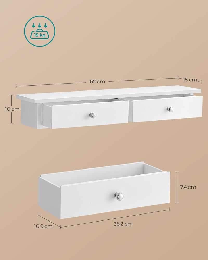 SONGMICS Wandregal, Schweberegal mit 2 Schubladen, Hochglanzoberfläche, bis 15 kg belastbar, 65 x 15