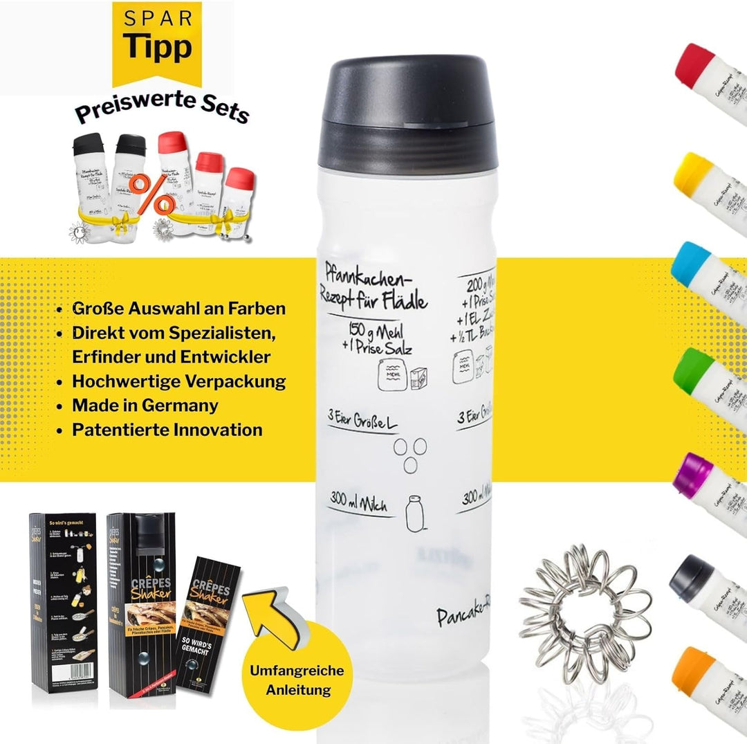 Pfannkuchen-Shaker (875ml, blau) einfach Teig machen und portionieren mit Rezeptaufdruck für Crêpes,