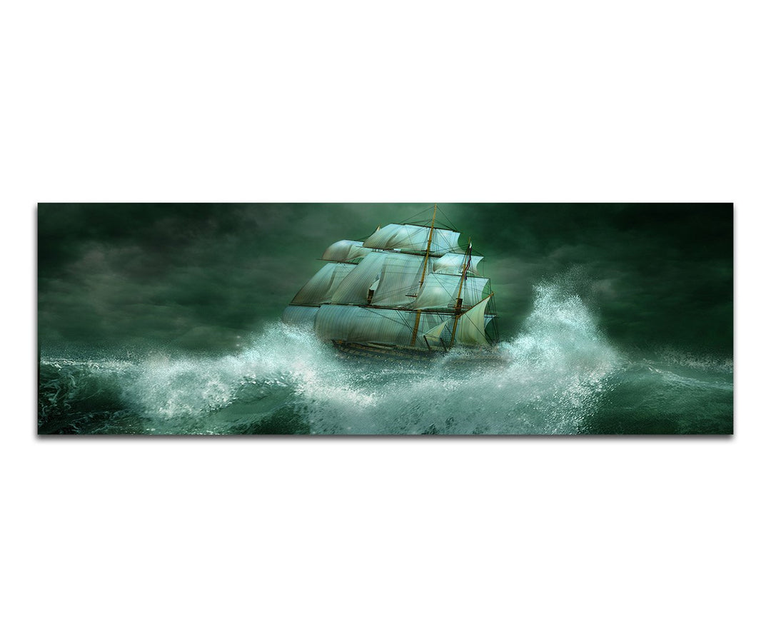 Paul Sinus Art Panoramabild auf Leinwand und Keilrahmen 150x50cm Meer Wellen Sturm Segelschiff Nacht