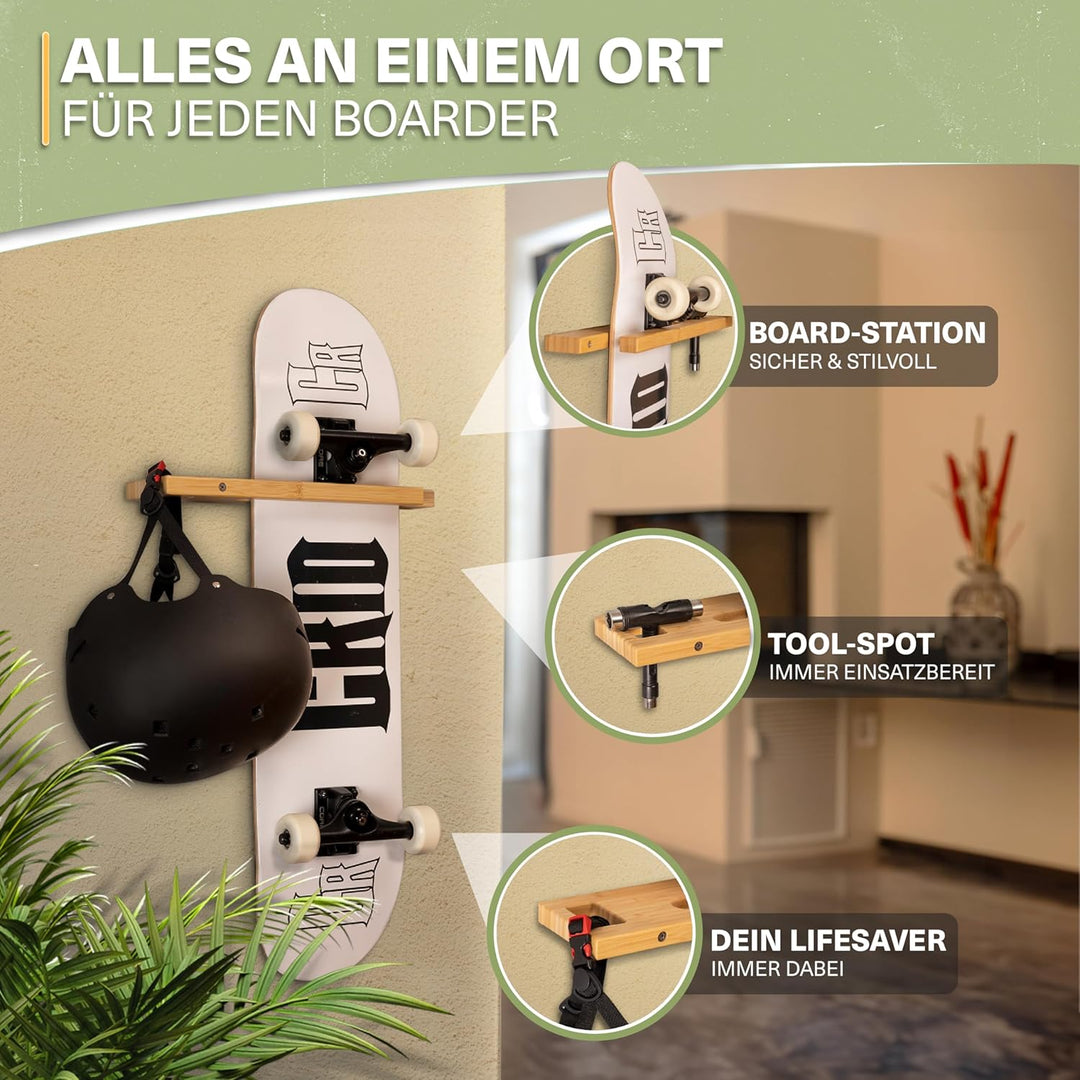 CRID Skateboard Wandhalterung aus Bambus - Universal Halterung für Skateboard, Longboard, Snowboard,