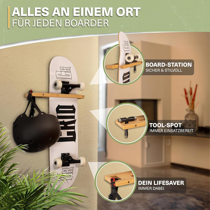 CRID Skateboard Wandhalterung aus Bambus - Universal Halterung für Skateboard, Longboard, Snowboard,