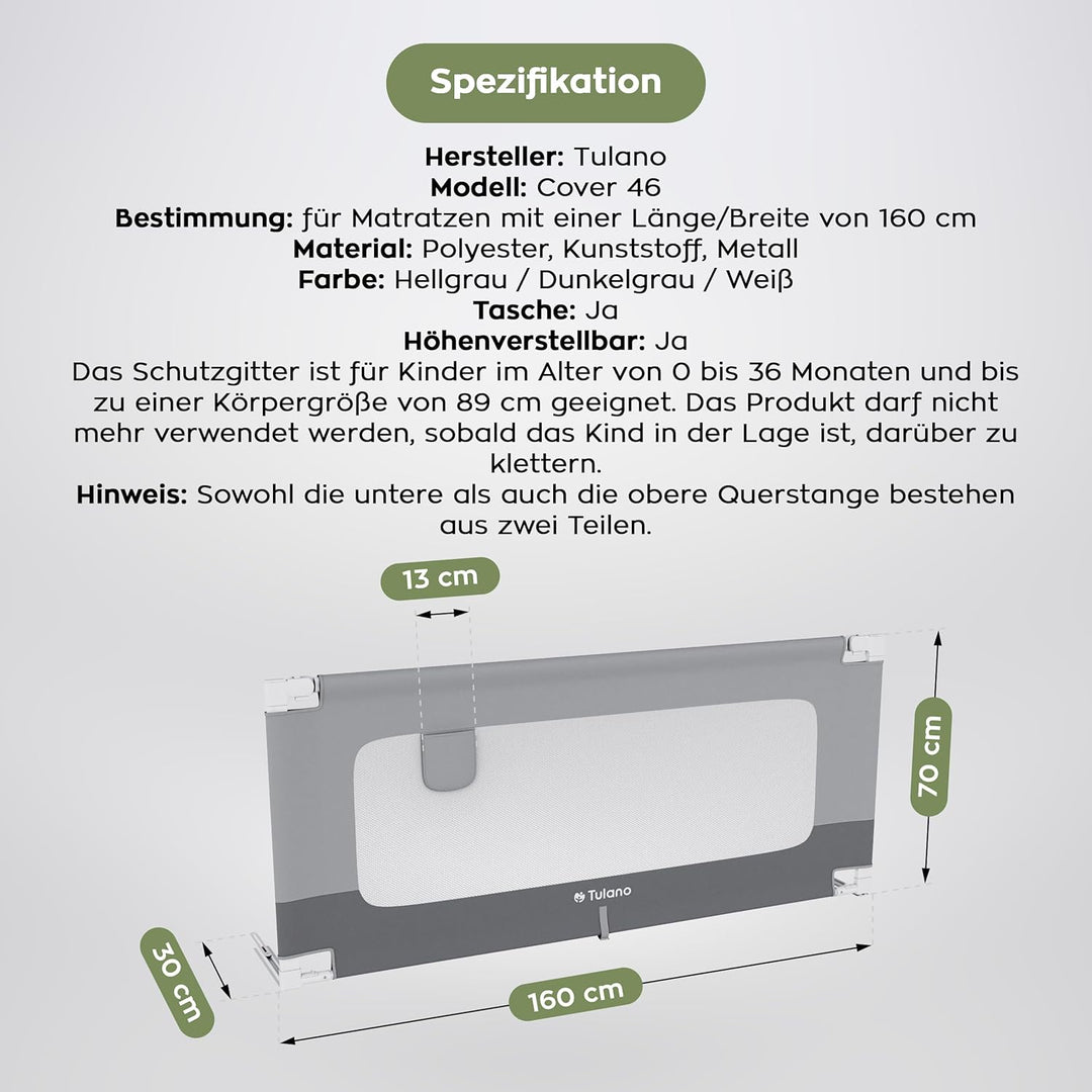 TULANO Cover 46 | Bettgitter 160 cm Bettschutzgitter Kinderbettgitter für Kinder | Klappbar | Geeign