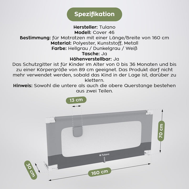 TULANO Cover 46 | Bettgitter 160 cm Bettschutzgitter Kinderbettgitter für Kinder | Klappbar | Geeign