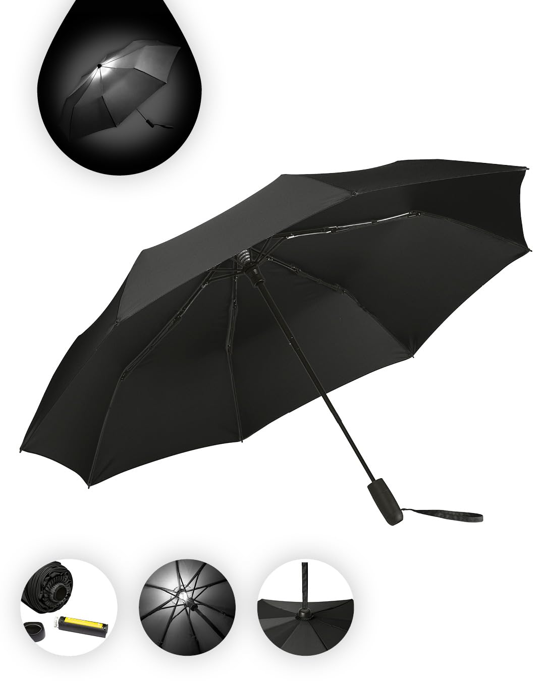 FARE Oversize-Taschenschirm Skylight (schwarz) - Effektvoller Regenschirm mit LED-Innenbeleuchtung u