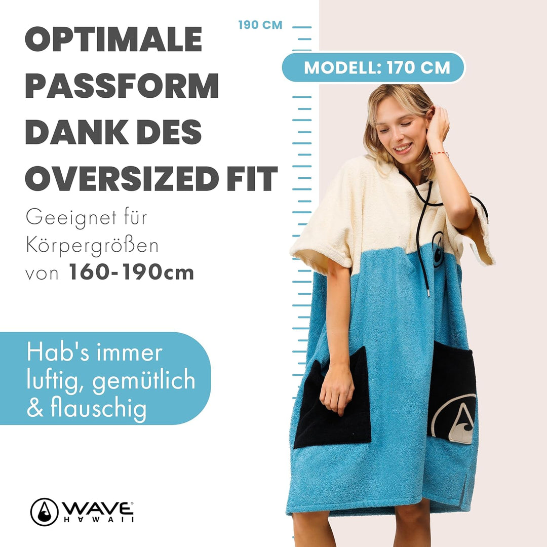 WAVE HAWAII Poncho Porto Surfponcho 100% Baumwolle für Körpergrössen von 160-190 cm Umkleidehilfe fü