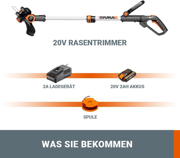 WORX 18V(20V MAX) Akku-Rasentrimmer WG163E.2, 2,0Ah, PowerShare, 2-in-1 Rasentrimmer & Kantenschneid