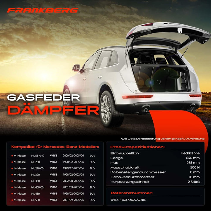 Frankberg 2x Gasfeder Dämpfer Heckklappe Kompatibel mit W163 ML230 ML270 ML320 ML350 ML400 ML430 ML5