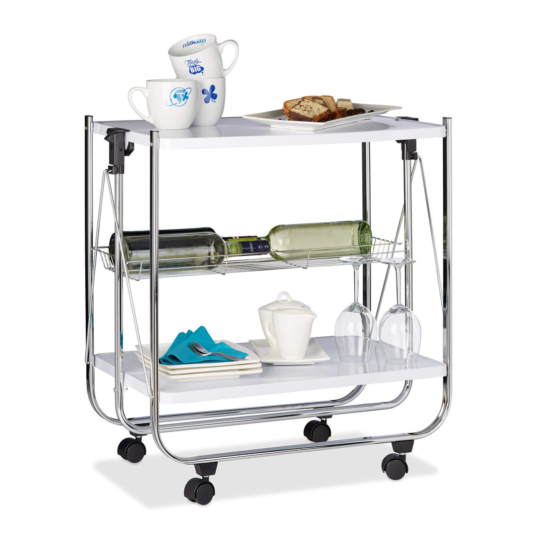 Relaxdays Servierwagen klappbar Weiss, 4 Rollen, Metall, 2 Böden, Korb, HxBxT 68,5 x 68 x 40,5 cm, K