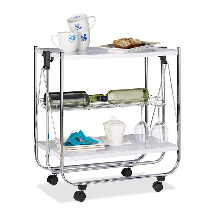 Relaxdays Servierwagen klappbar Weiss, 4 Rollen, Metall, 2 Böden, Korb, HxBxT 68,5 x 68 x 40,5 cm, K